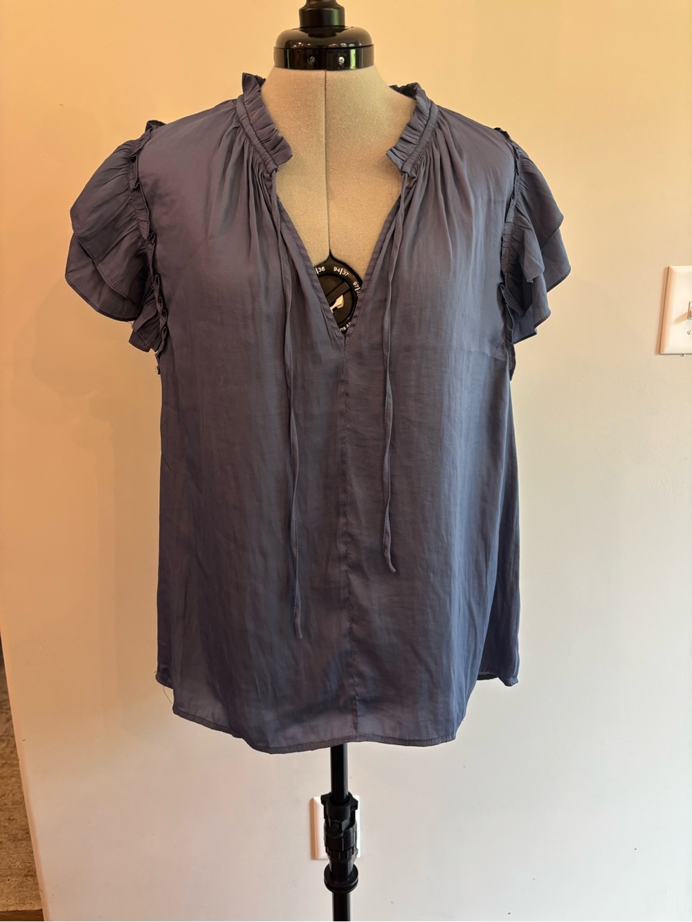 Mustard Seed Slate Blue Ruffle Tie-Neck Blouse